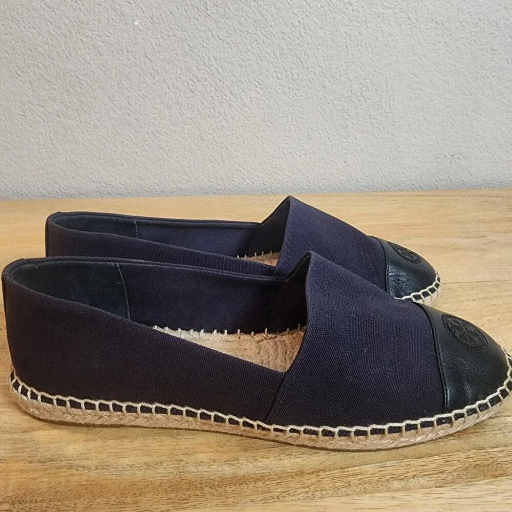 Tory Burch Shoes Womens Size 8 Navy Black Espadrille Flats Leather Cap Toe Logo